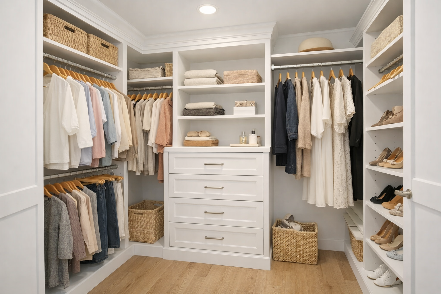 Custom walk in closet with built-in drawers, shoe storage, and multiple hanging sections. Clothes and shoes are neatly organized.