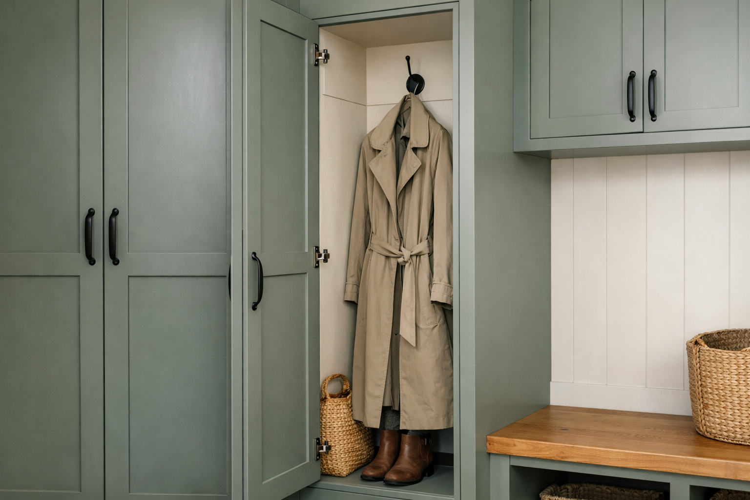 photographic a close up view of a long locker cabinet in an entryway mudroom featuring a long door that is open revealing a long coat hanging on a sin-1