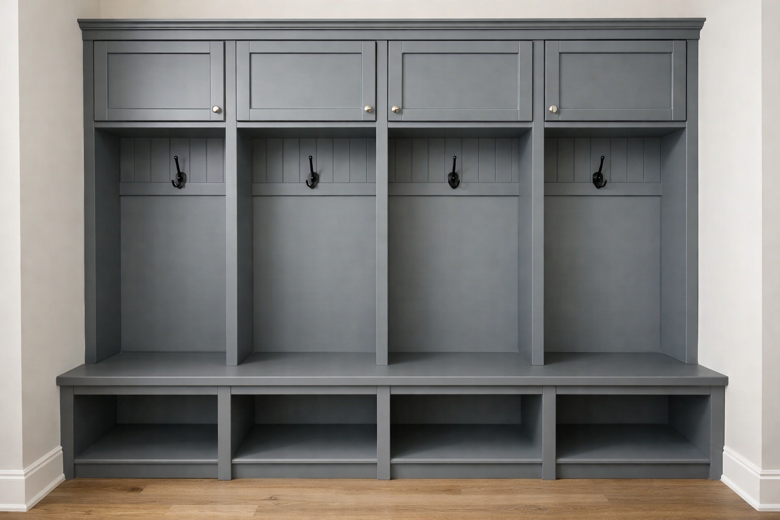 photographic a custom gray builtin mudroom with four equal cubby sections featuring upper cabinets a hook for hanging storage bench seating without a-1