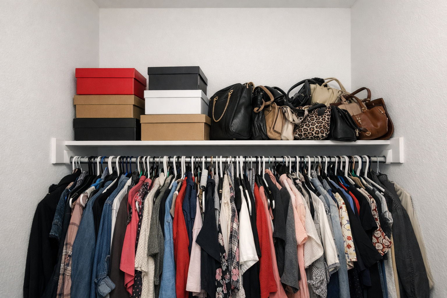 photographic a simple white closet with high ceilings a single shelf and a hanging rod storage system for clothes hanging clothes are cramped and clut-1