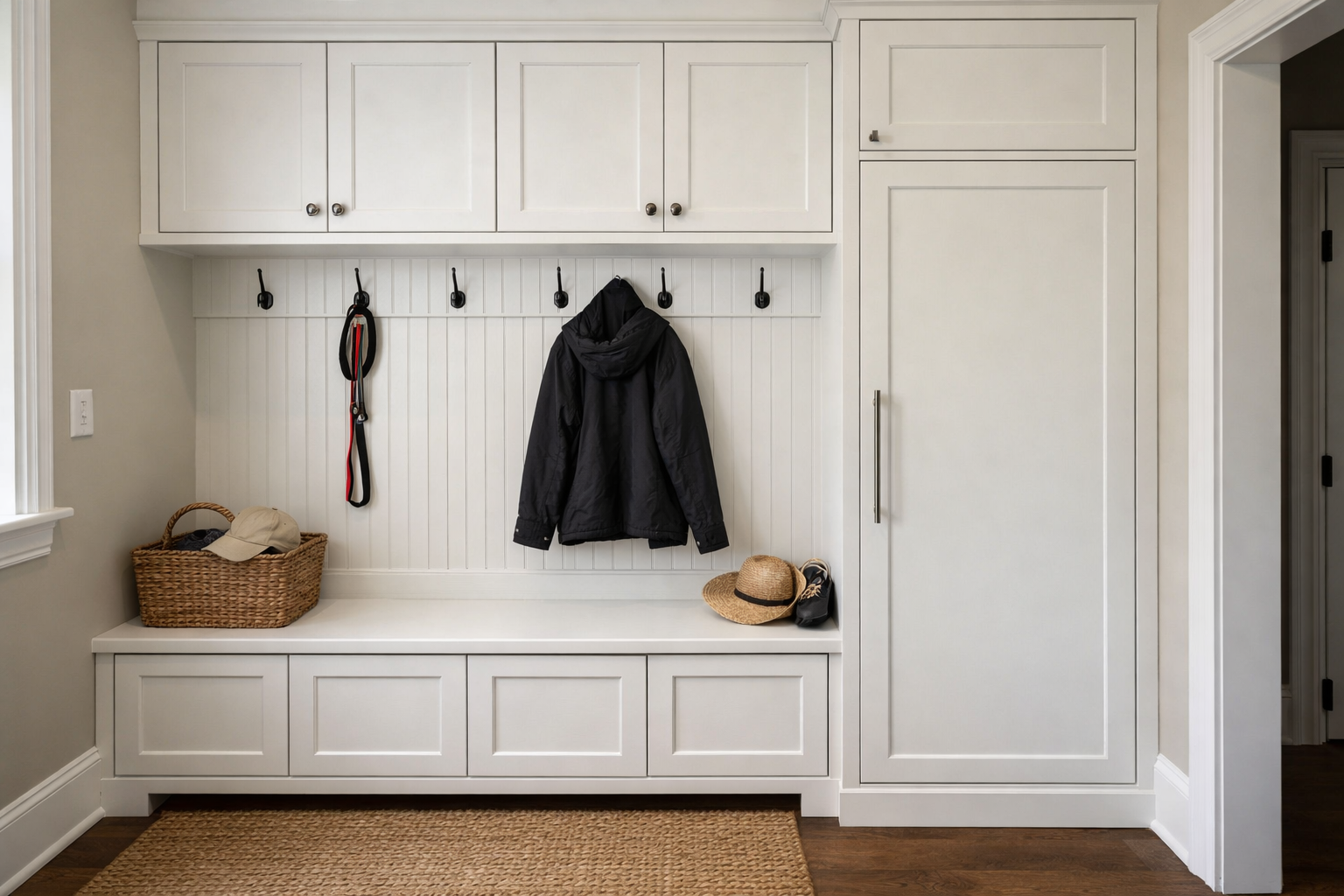 photographic a white custom mudroom entryway with upper cabinets a single door wardrobe closet and a built in storage bench that is enclosed and exten