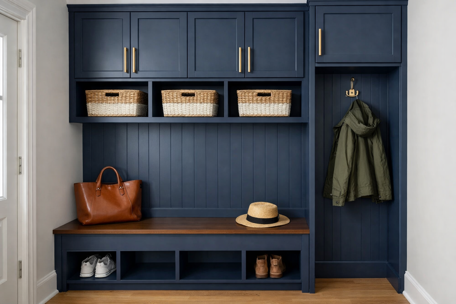 photographic custom navy entryway mudroom with four upper builtin cabinets above a builtin bench without a cushion a locker is to the right of the ben-1