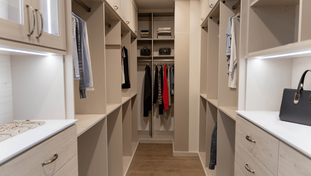 Custom walk-in closet featuring built-in drawers, cabinets, lighting and double hanging sections.