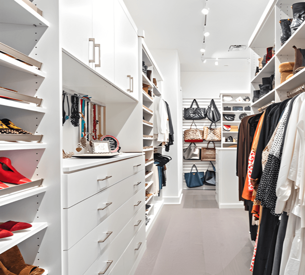 White closet with shelving, hanging space, drawers, and a purse hanging wall.